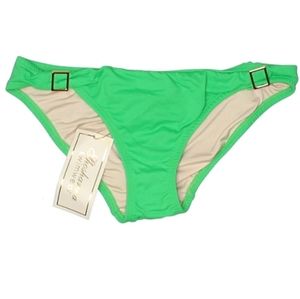 Shoshanna Swimwear Bikini Bottoms, Green Glow colour with Golden D-Ring Accents.